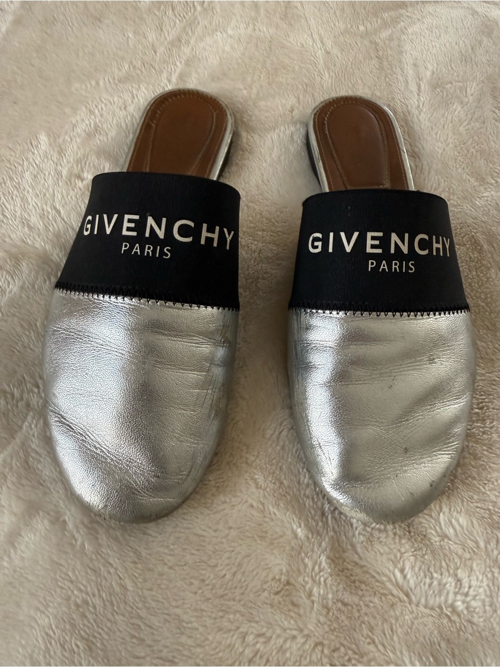 Givenchy Silver Metallic Leather Mules with Black Logo Band